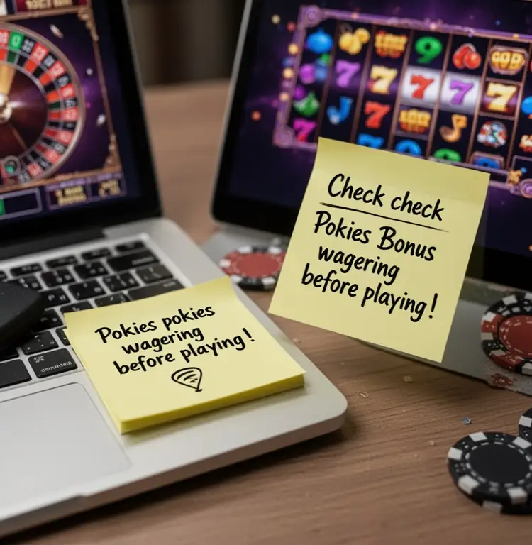 A sticky note beside a laptop reminding the player to check pokies bonus wagering before playing.