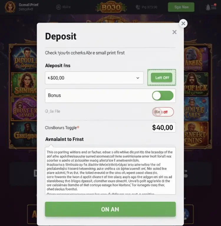 A deposit page with a bonus toggle left off while the player checks the small print first.