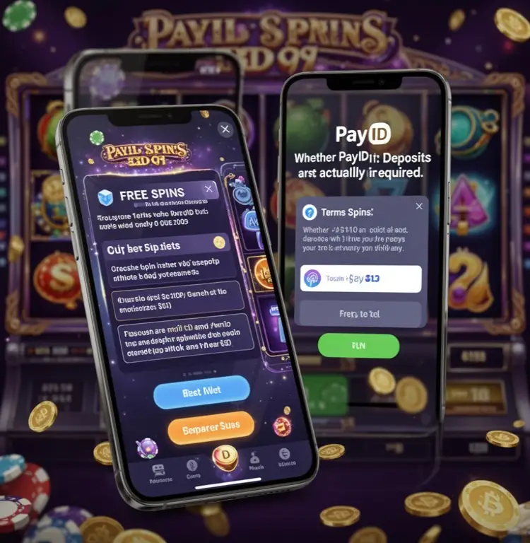 A phone showing free spins terms while the player checks whether PayID deposits are actually required.