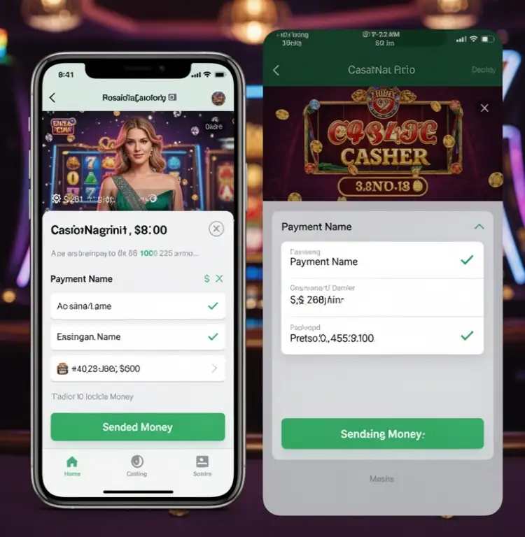 A phone banking screen beside a casino cashier page with the payment name checked before sending money.