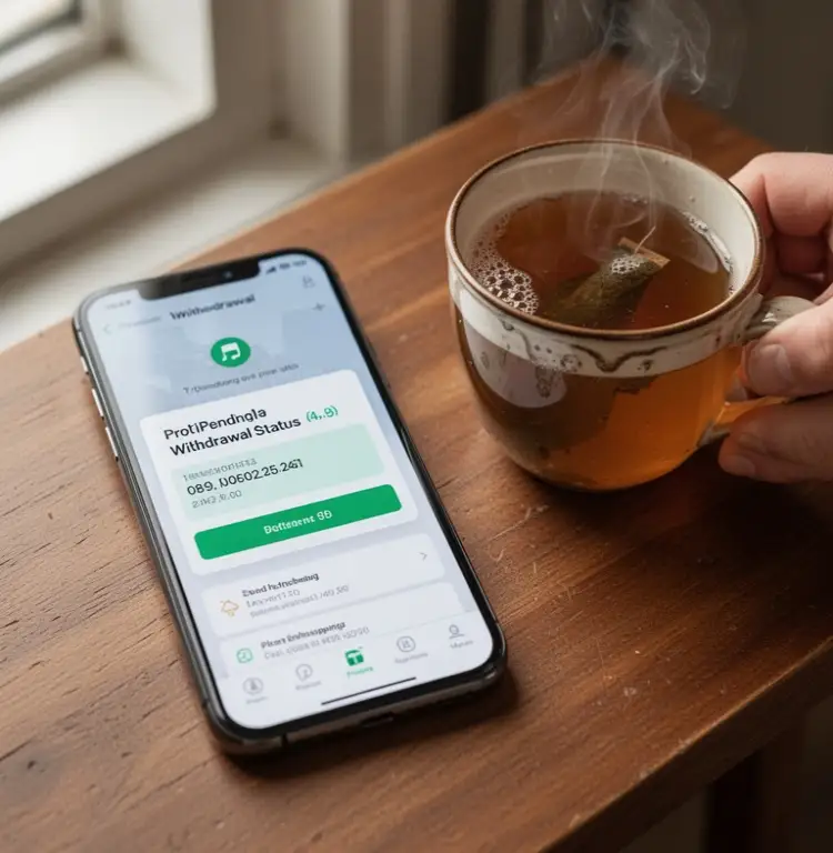 A pending withdrawal status on a phone with a cup of tea beside it during a patient wait.