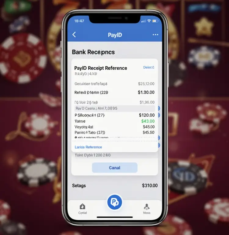 A bank receipt reference saved on a phone after a small PayID casino deposit.
