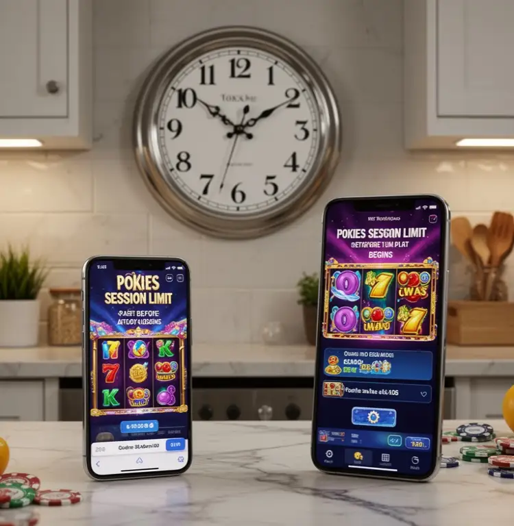 A kitchen clock and phone showing a pokies session limit set before play begins.