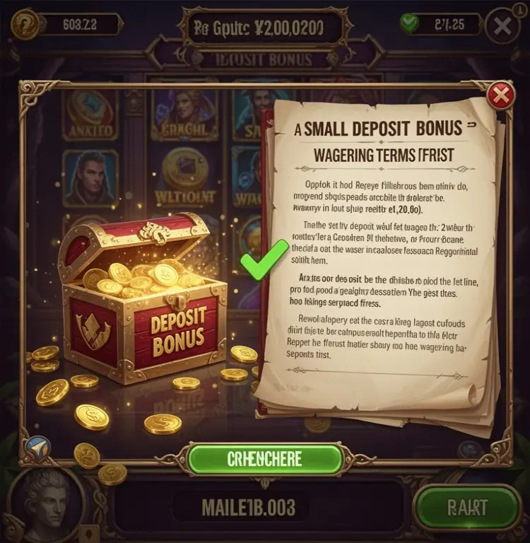 A small deposit bonus box left unchecked while the player reads the wagering terms first.