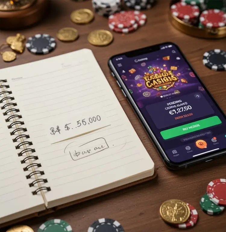 A notebook with a small deposit amount written beside a phone showing a pending casino balance.
