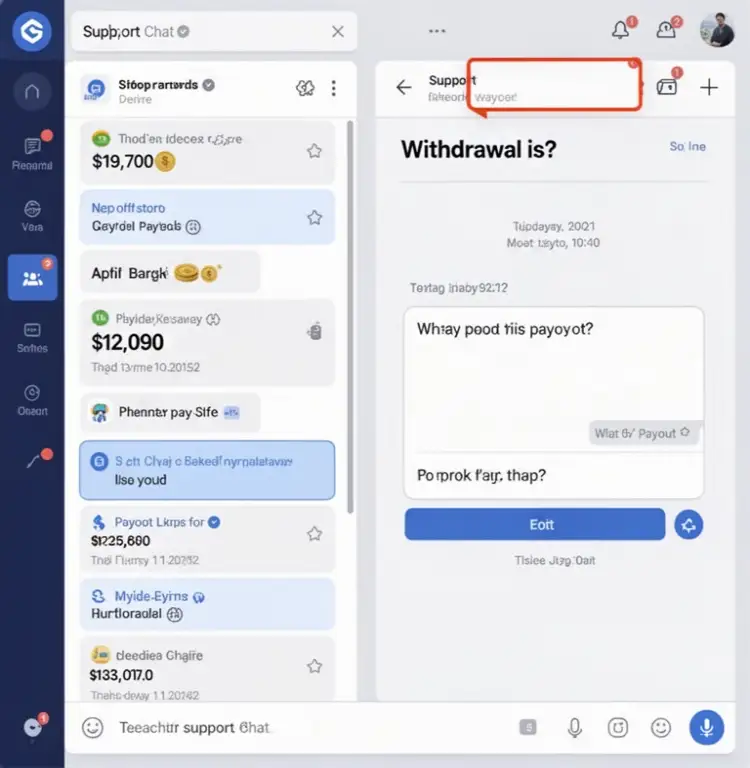 A support chat window open beside a withdrawal page asking a plain question about payout timing.