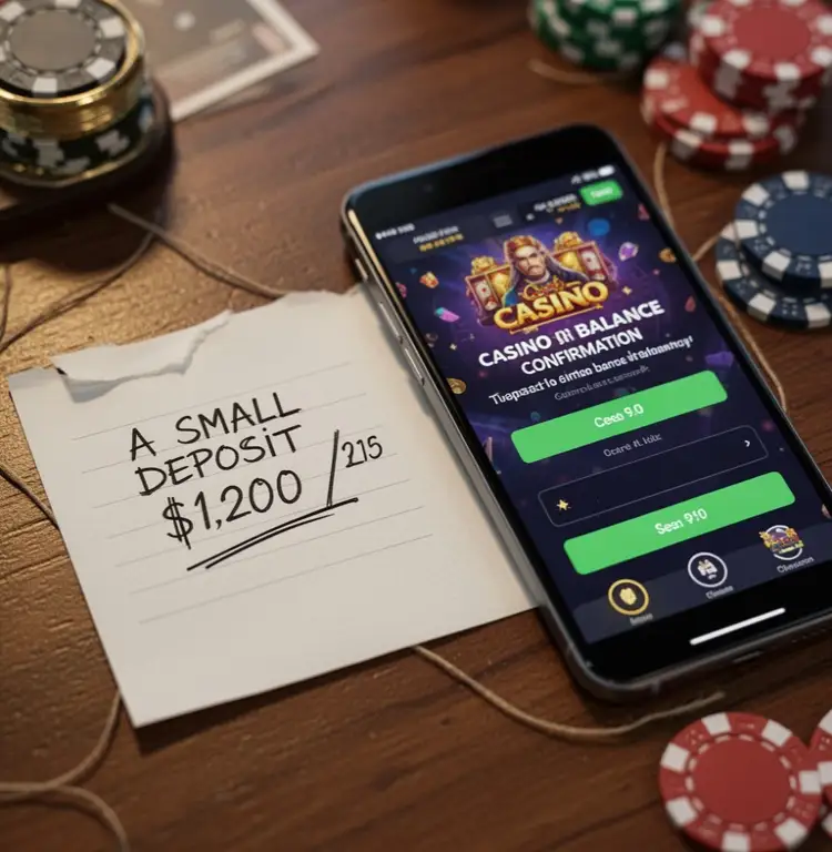 A small deposit amount written on paper beside a phone waiting for casino balance confirmation.