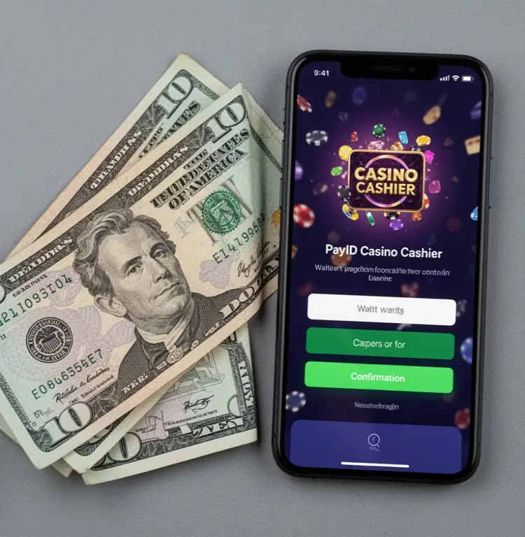 A ten dollar note beside a phone showing a PayID casino cashier waiting for confirmation.